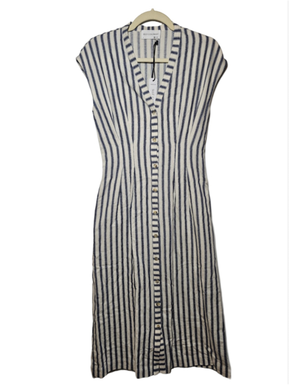 Self Contrast Anthro Midi Dress Jamila Striped Cotton Linen Cream Navy Small NWT